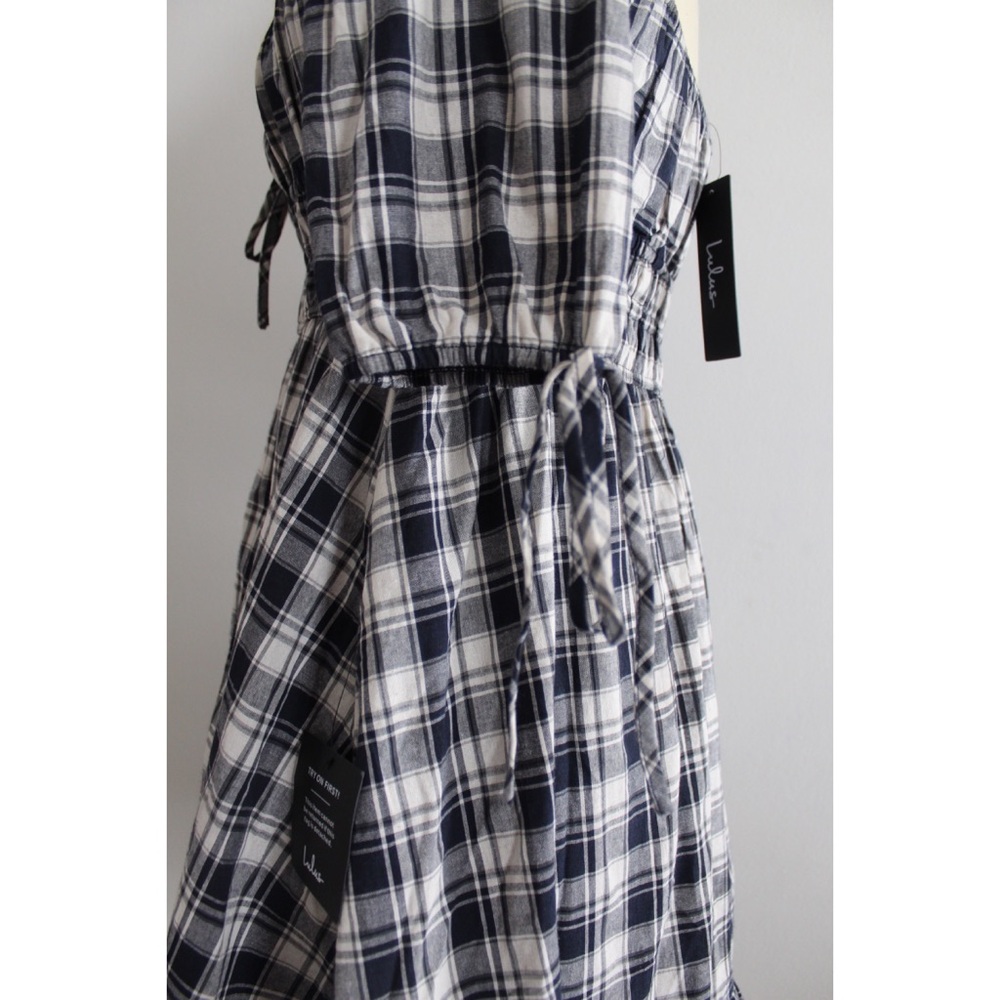 Lulus NWT Plaid Countryside Aura Navy Blue Plaid Short Sleeve Mini Dress Small - Picture 8 of 14